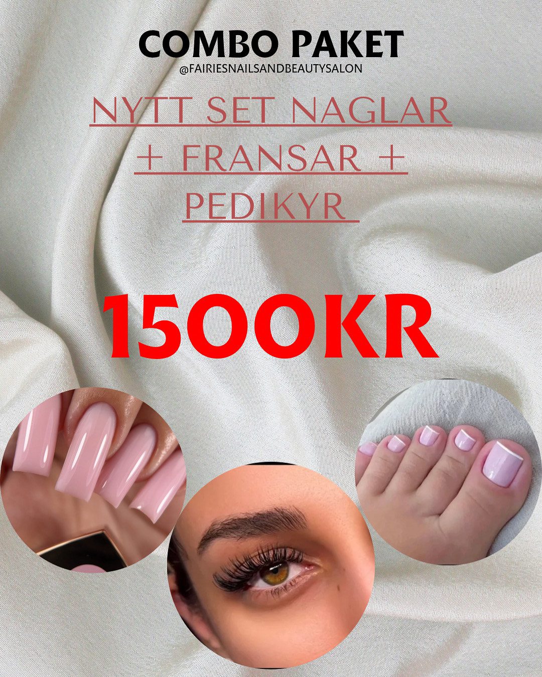 Unna dig lyxen av en komplett skönhetsförvandling med vår exklusiva kombinationsbokning! Få ett nytt set naturella akrylnaglar som ger dina händer en elegant och välvårdad look. Komplettera med ett nytt set klassiska singelfransar eller en trendig Wet set för att framhäva dina ögon och ge dig en förtrollande blick. Som en extra bonus ingår en pedikyr där vi tar hand om dina fötter med ett avkopplande vattenbad, skrubb, rengöring och borttagning av nagelband, samt filning av naglarna och avslutande gellack för ett perfekt resultat.

Vill du sätta en extra personlig touch? Välj till fransk manikyr eller en unik design för endast 100 kr extra. Missa inte detta fantastiska erbjudande – boka din tid idag via DM eller ring oss på 0707357996 och låt oss ta hand om dig från topp till tå!